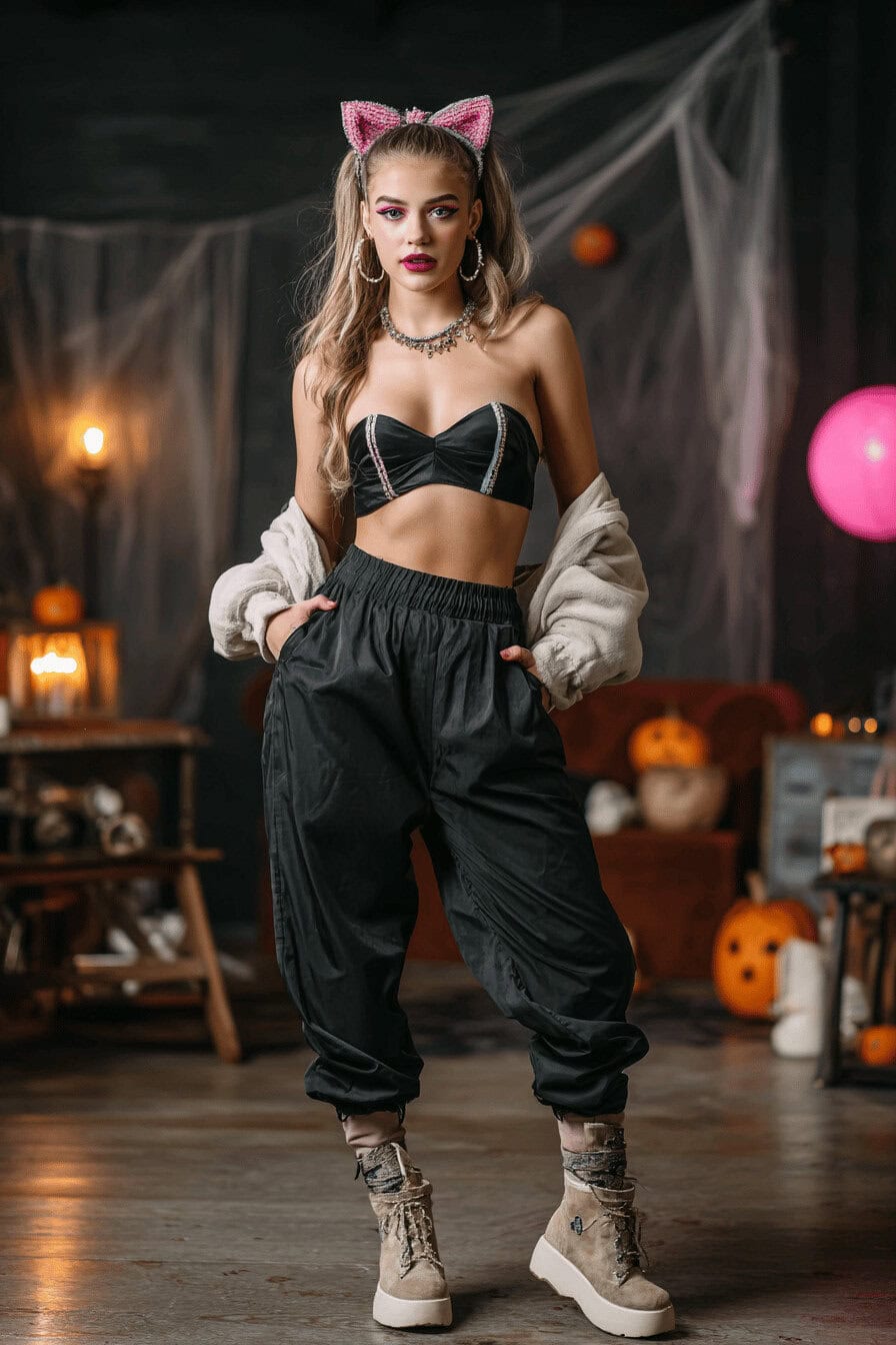 Frau im gruseligen Barbie-Kostüm mit Glitzerohren und dunklem Styling in herbstlicher Halloweenkulisse
