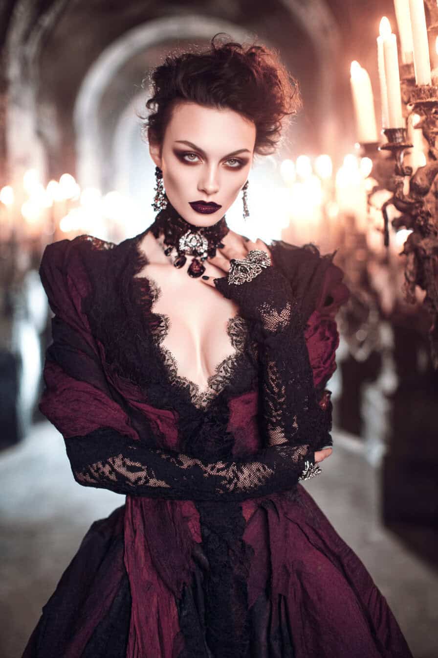 Frau im barocken Vampirkostüm mit tiefem Ausschnitt, Spitzenärmeln und dramatischem Make-up