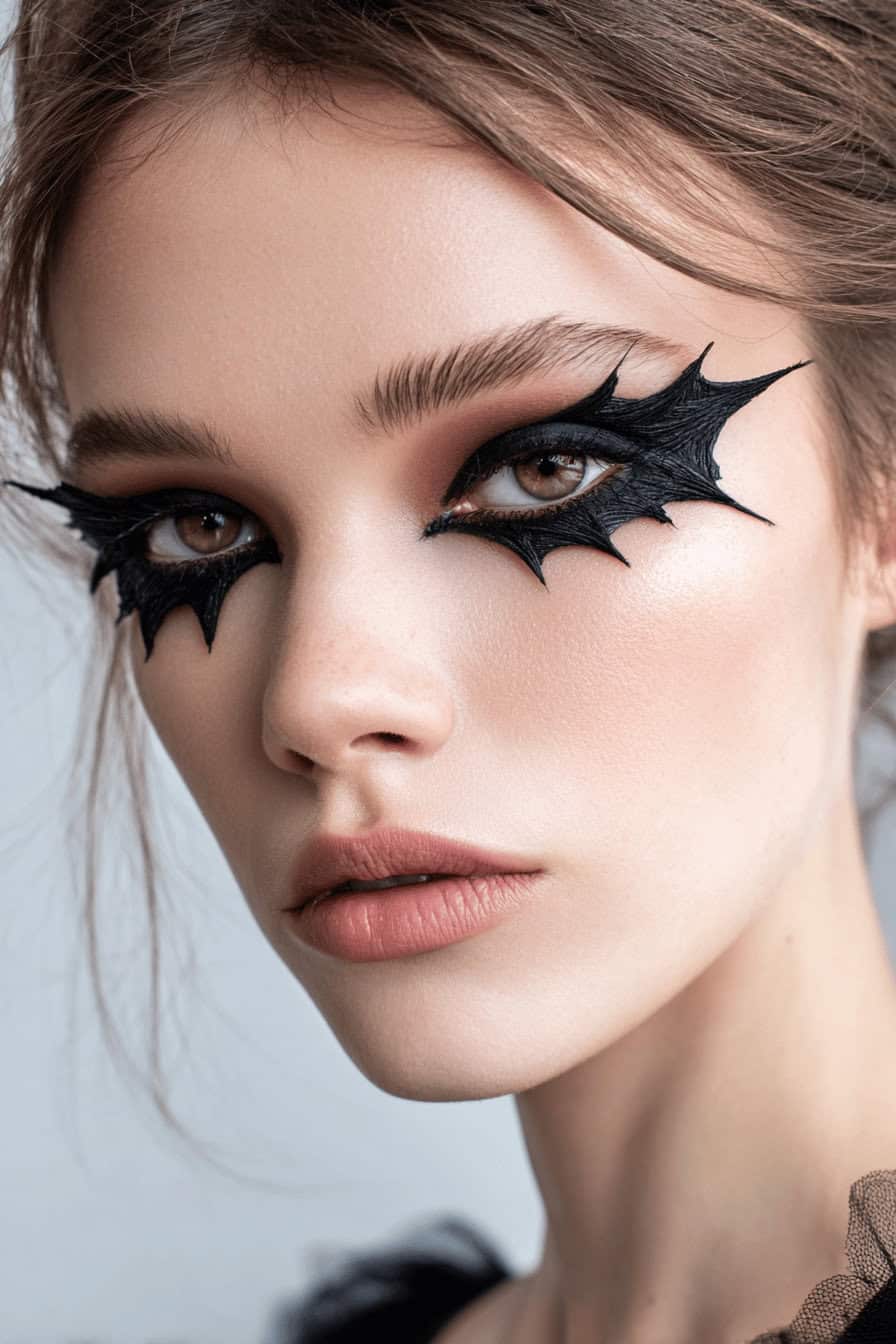 Nahaufnahme eines auffälligen Batwing Eyeliner Halloween Looks in Schwarz