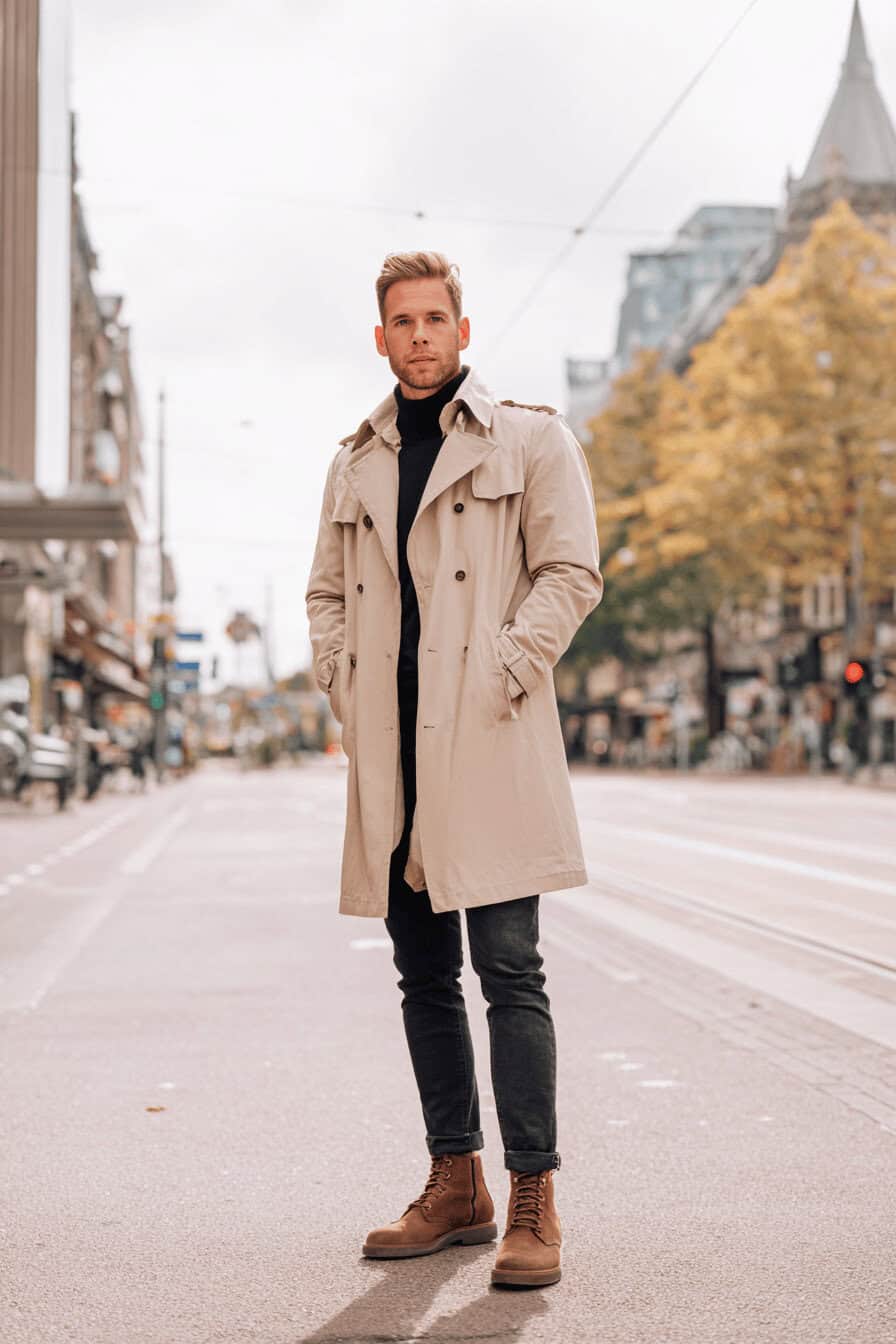 Mann trägt beigen Trenchcoat, schwarze Jeans und braune Boots auf herbstlicher Straße