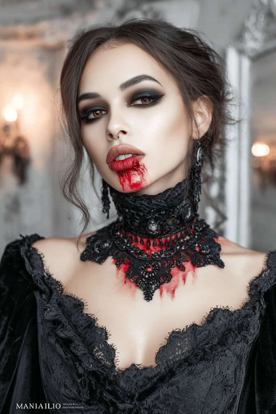 Frau im Vampir-Halloweenkostüm mit blasser Foundation, blutroten Lippen und Kunstblut am Hals