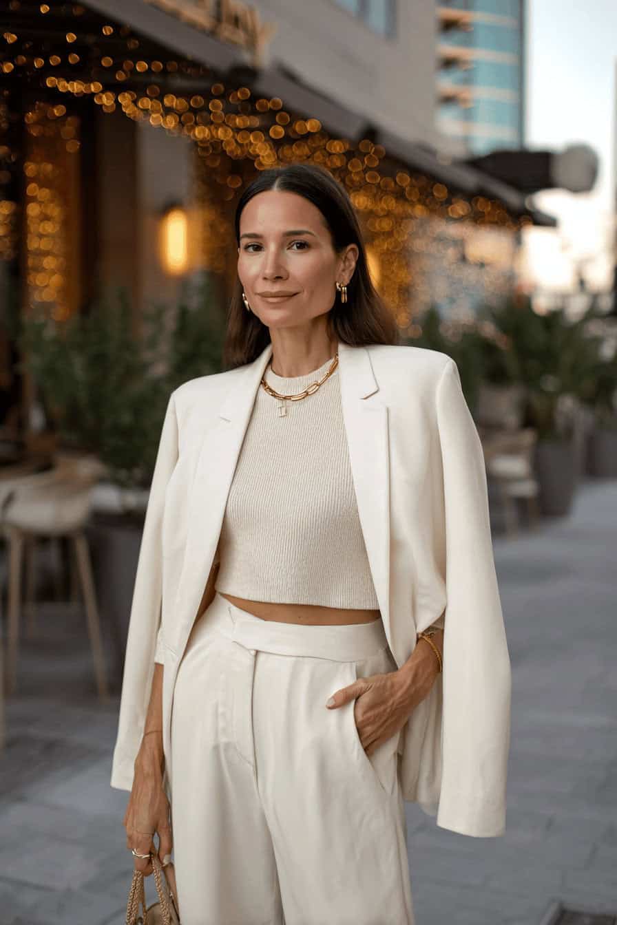Frau in cremeweißem Blazer-Look, ideal für ein elegantes Dinner-Date im Herbst
