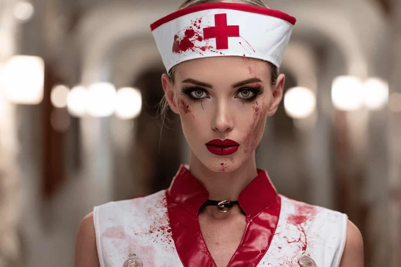 Frau mit blutigem Krankenschwester Halloween Kostüm in dunklem Flur