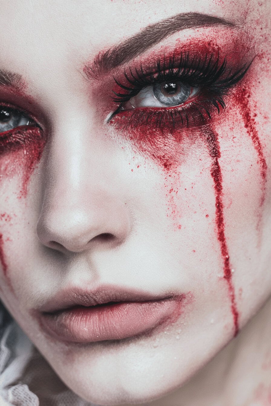 Nahaufnahme eines Gesichts mit rotem Halloween-Make-up und blutiger Träne