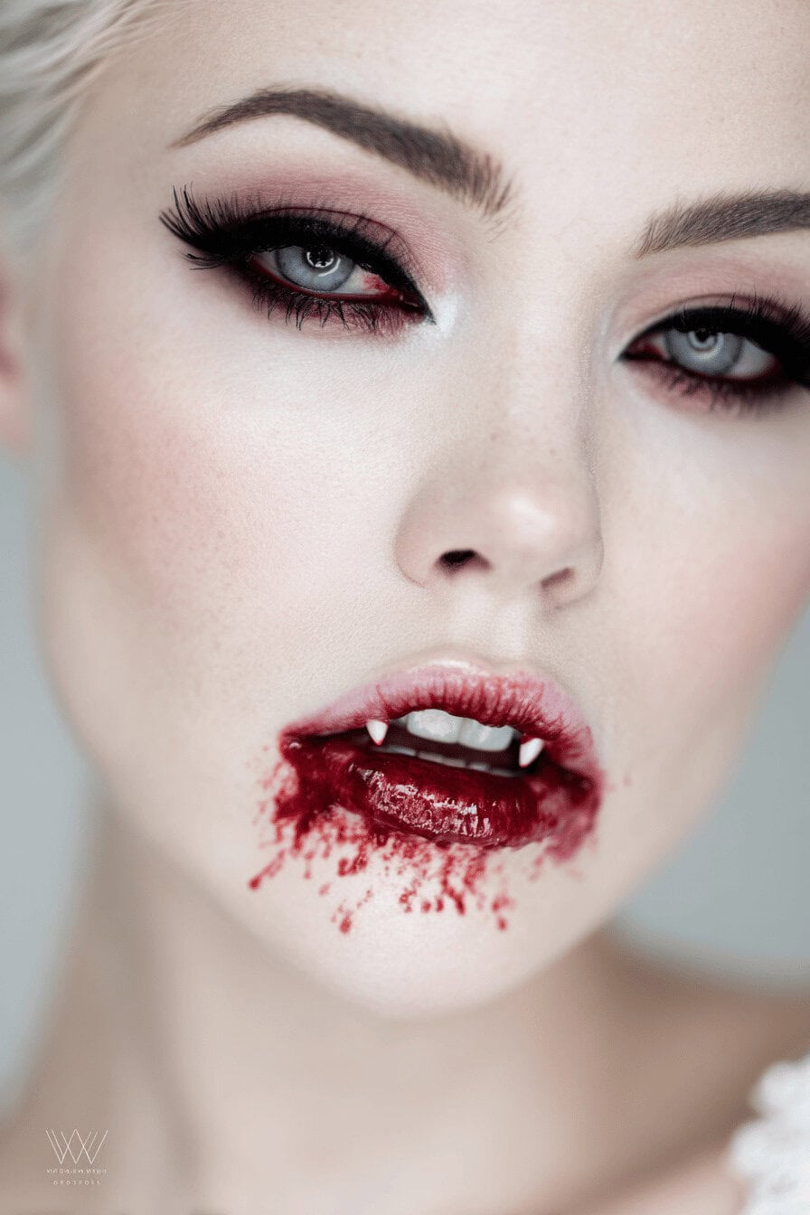 Frau mit blutigem Vampir-Make-up und Kunstzähnen
