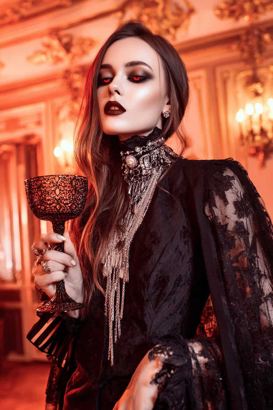 Frau im Vampir-Look mit blutroten Augen und aufwendigem Schmuck