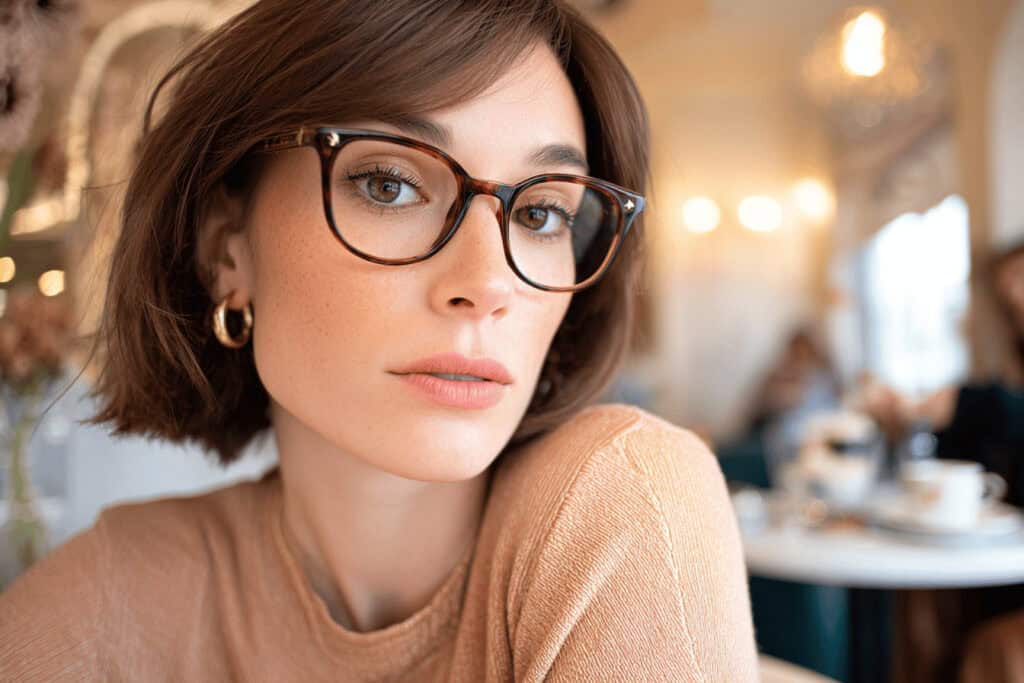Frau mit braunem Bob und Brille in einem Café