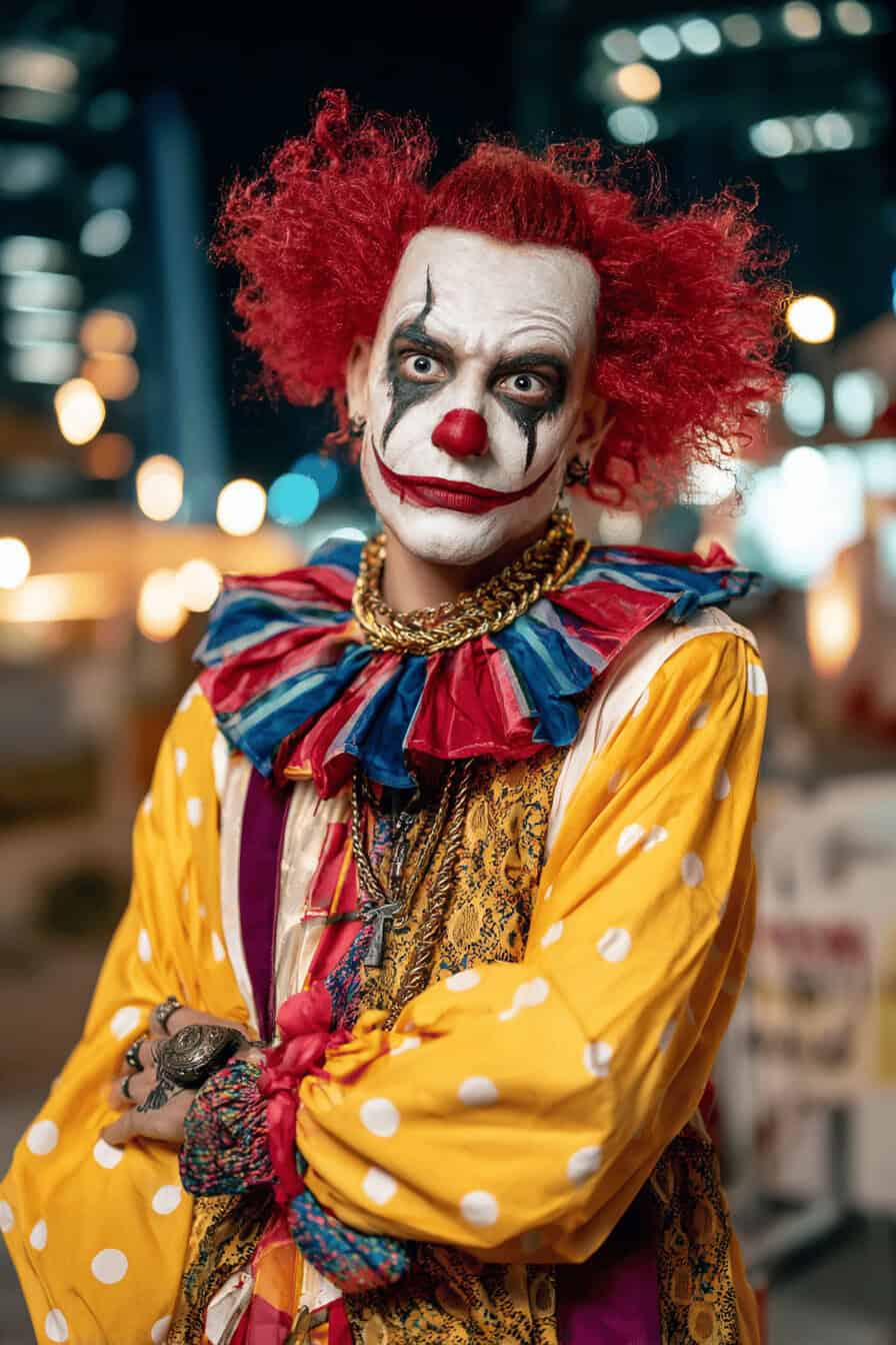 Gruselig geschminkter Horror-Clown mit rotem Haar und buntem Kostüm