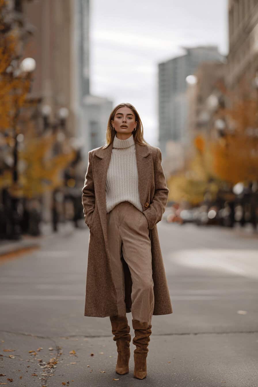 Frau im herbstlichen Streetstyle-Outfit mit braunem Mantel, Cordhose und Stiefeln