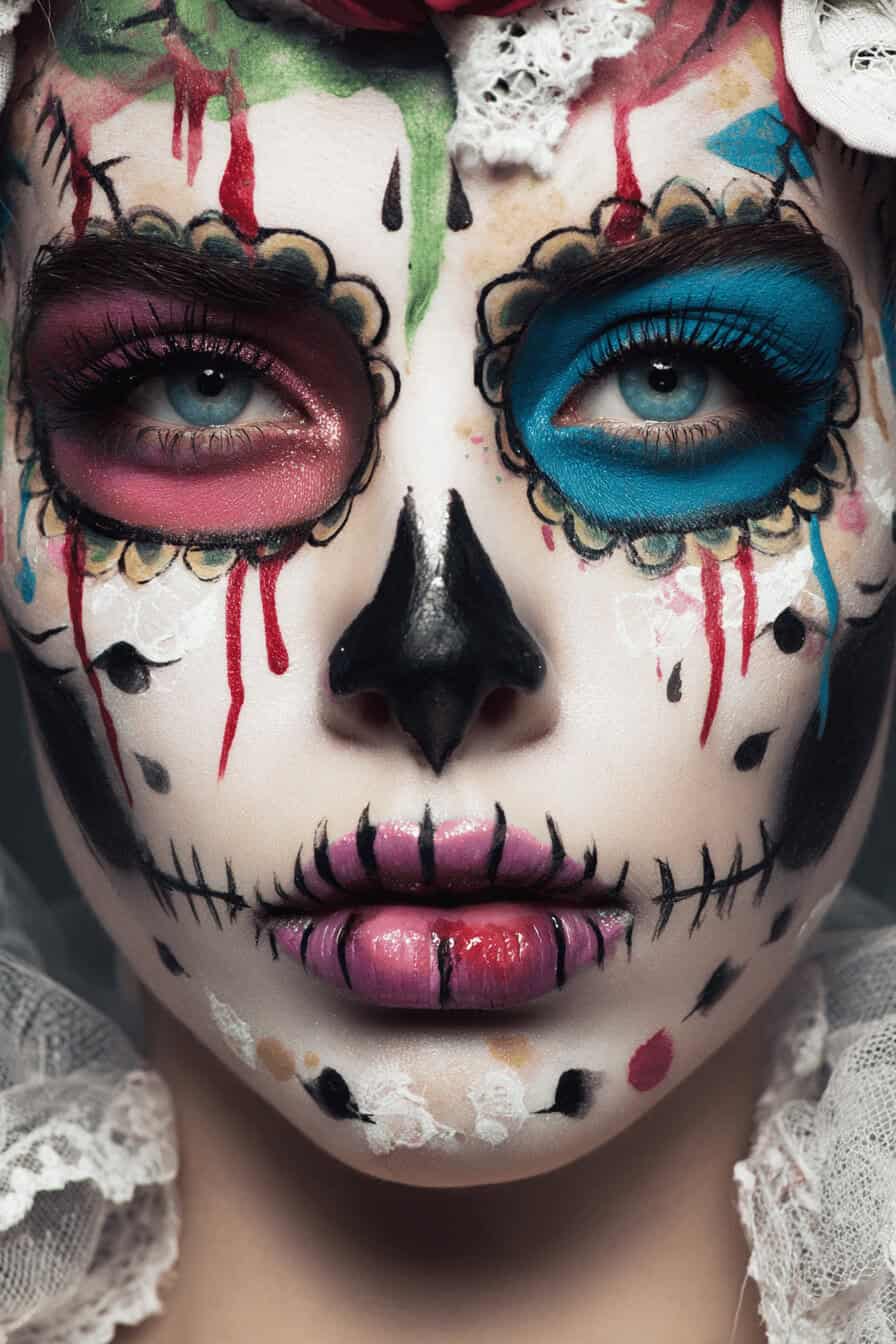 Detailreiches, buntes Halloween Make-up im Sugar Skull Stil