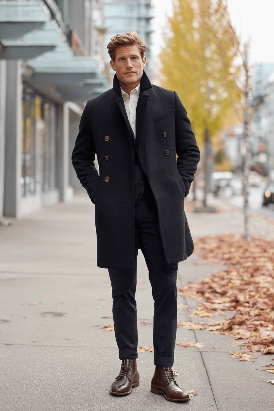 Mann trägt dunkelgrauen Mantel, navy Chinos und braune Leder-Boots im Herbst