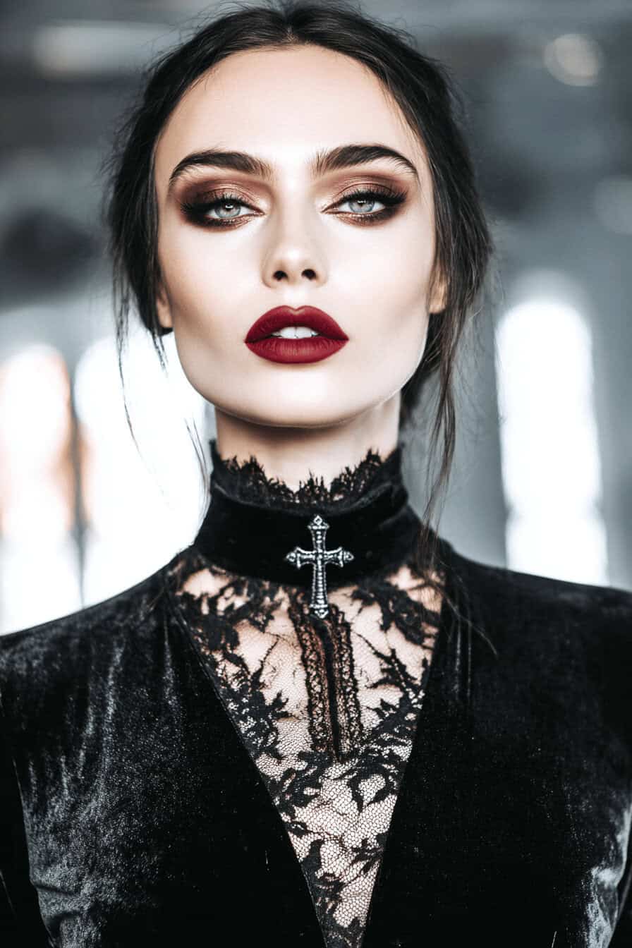 Frau mit dunklem Make-up trägt schwarzen Choker mit Kreuzanhänger und Spitzenkleid