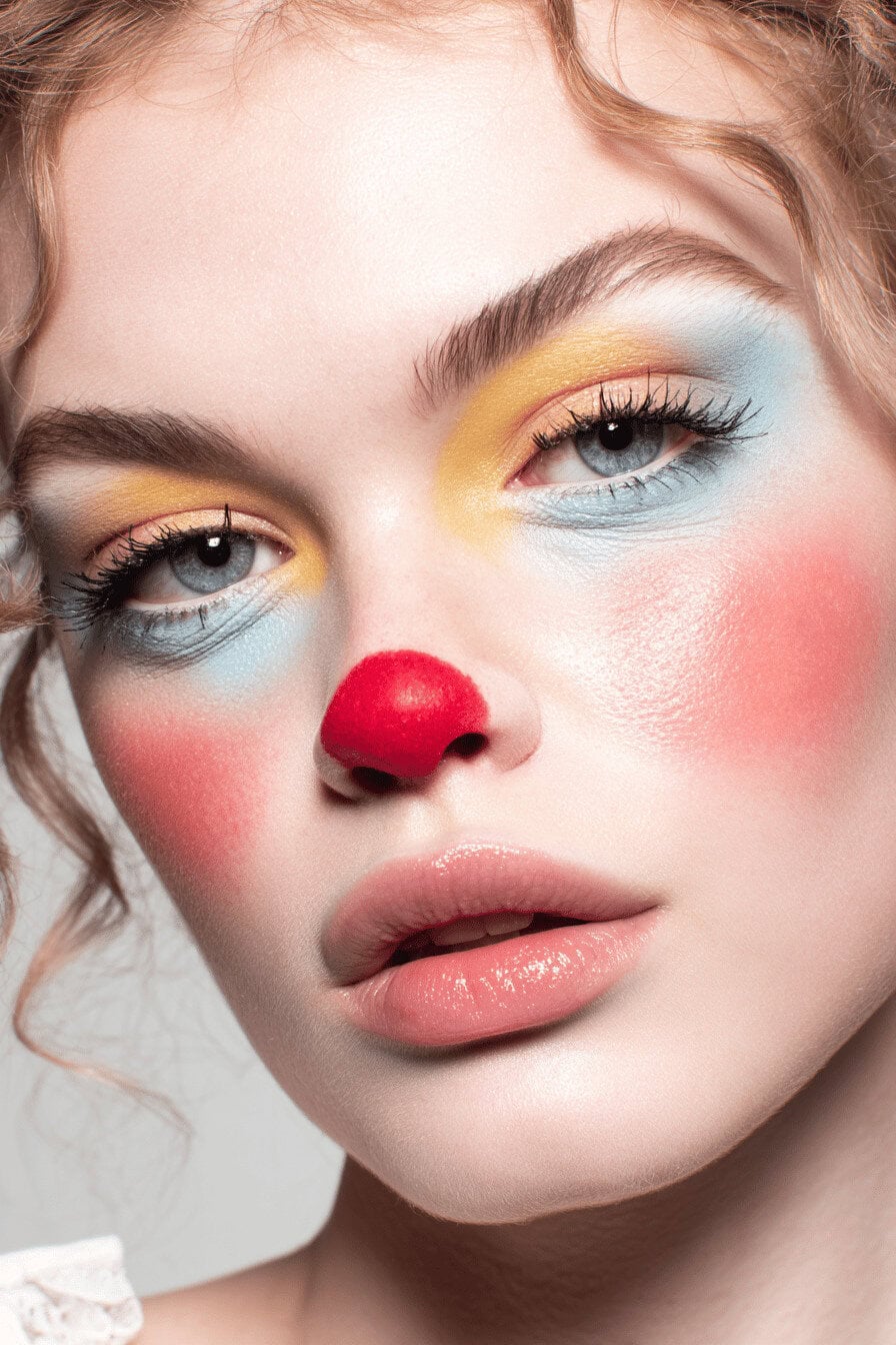 Nahaufnahme eines bunten Clown Make-ups mit roter Nase, gelben und blauen Lidschatten