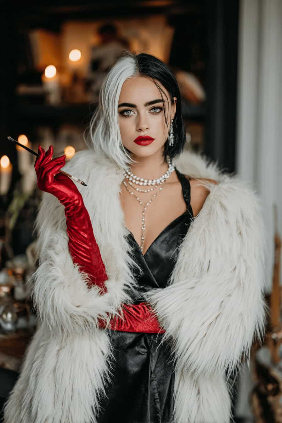 Frau im Cruella De Vil Kostüm mit Pelzmantel und schwarzem Kleid