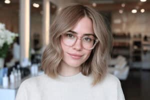 Frau mit Curtain Bangs und Brille im Salon