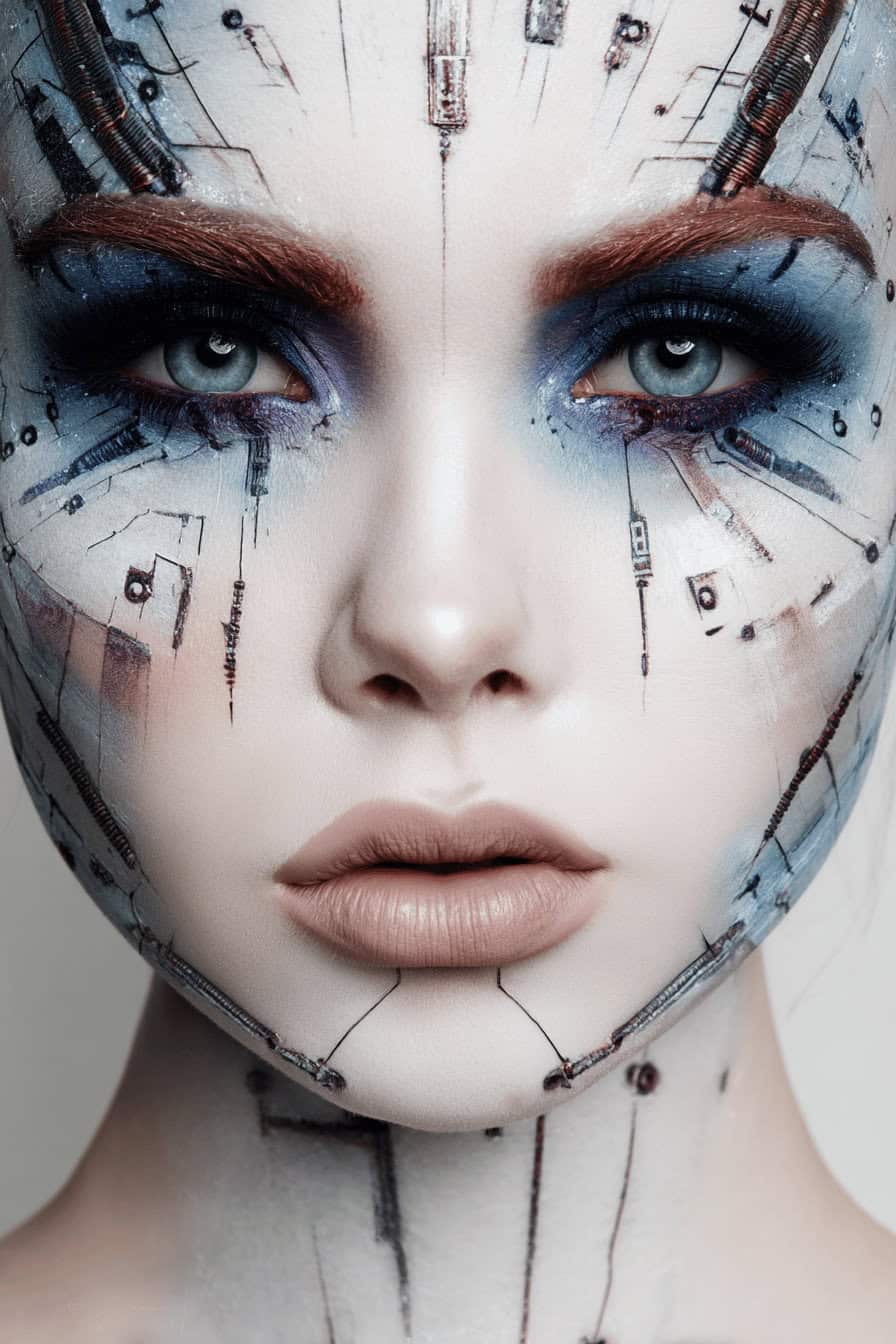 Nahaufnahme eines futuristischen Cyborg-Make-ups mit metallischen und technischen Details im Gesicht