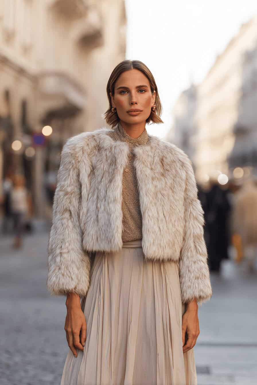 Frau in Fake-Fur-Jacke und Midirock im herbstlichen Stadtbild