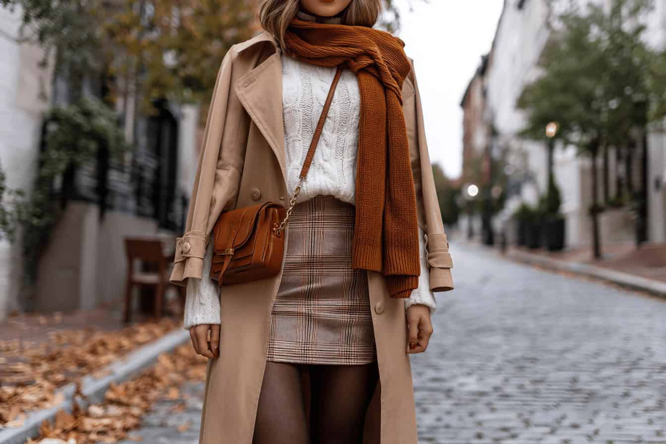 Frau trägt herbstliches Date Outfit mit Trenchcoat, Karo-Rock und Strickschal