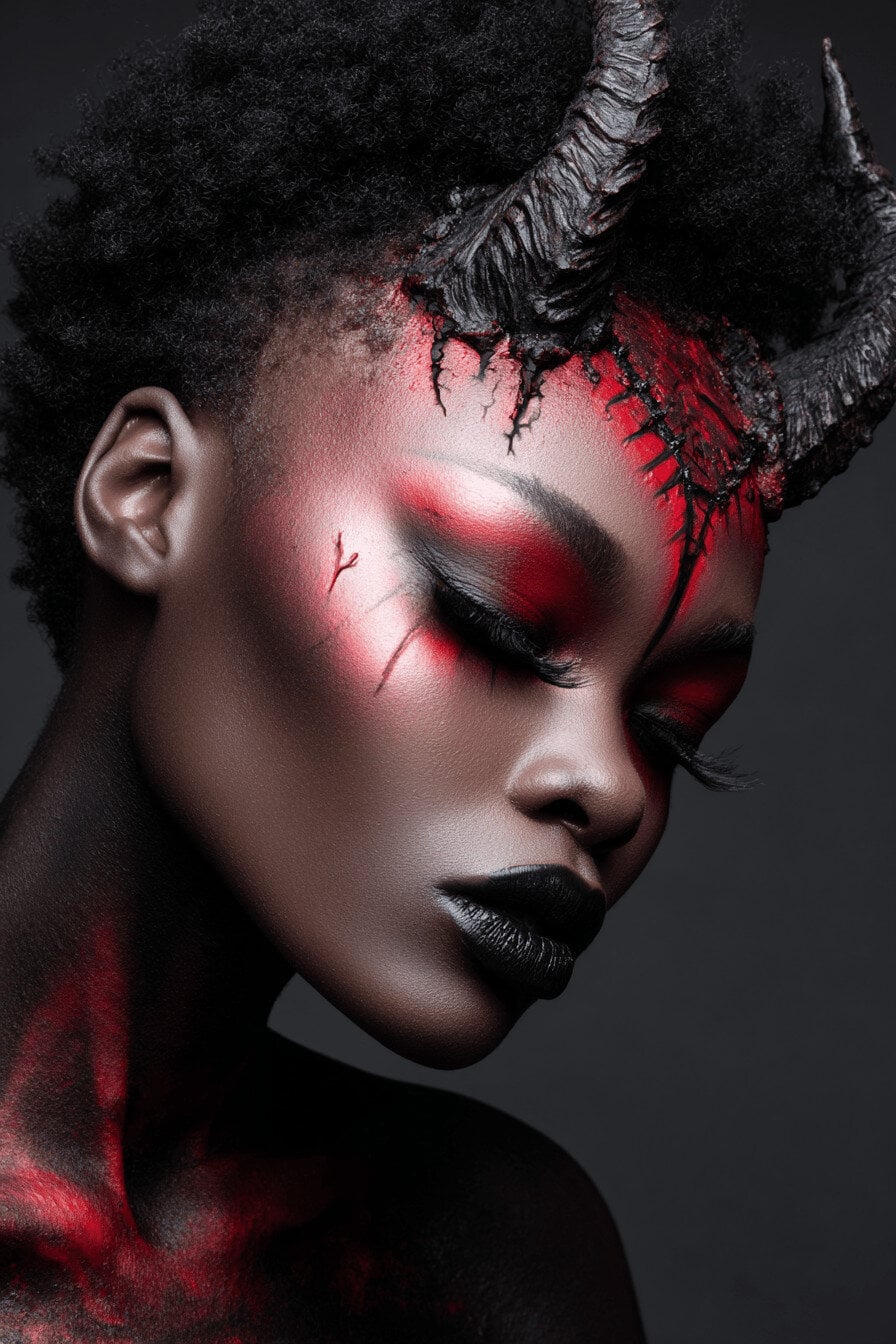Halloween-Make-up mit schwarzen Hörnern und rotem Lidschatten