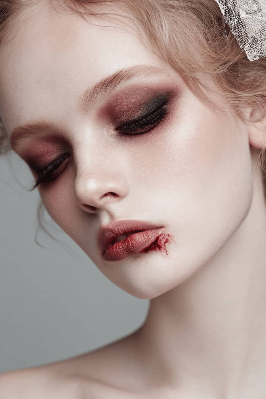 Nahaufnahme eines dezenten Vampir-Make-ups mit blutverschmiertem Mund