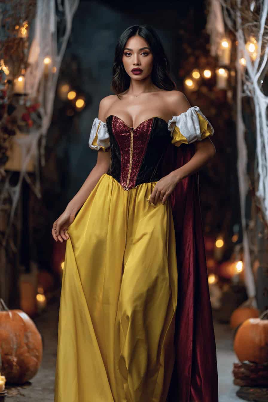 Frau in düsterem Halloween-Setting im Disney-Prinzessinnenkostüm