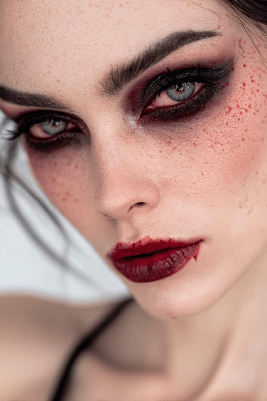 Nahaufnahme eines dramatisch geschminkten Vampir-Make-ups mit blutroten Lippen und Smokey Eyes