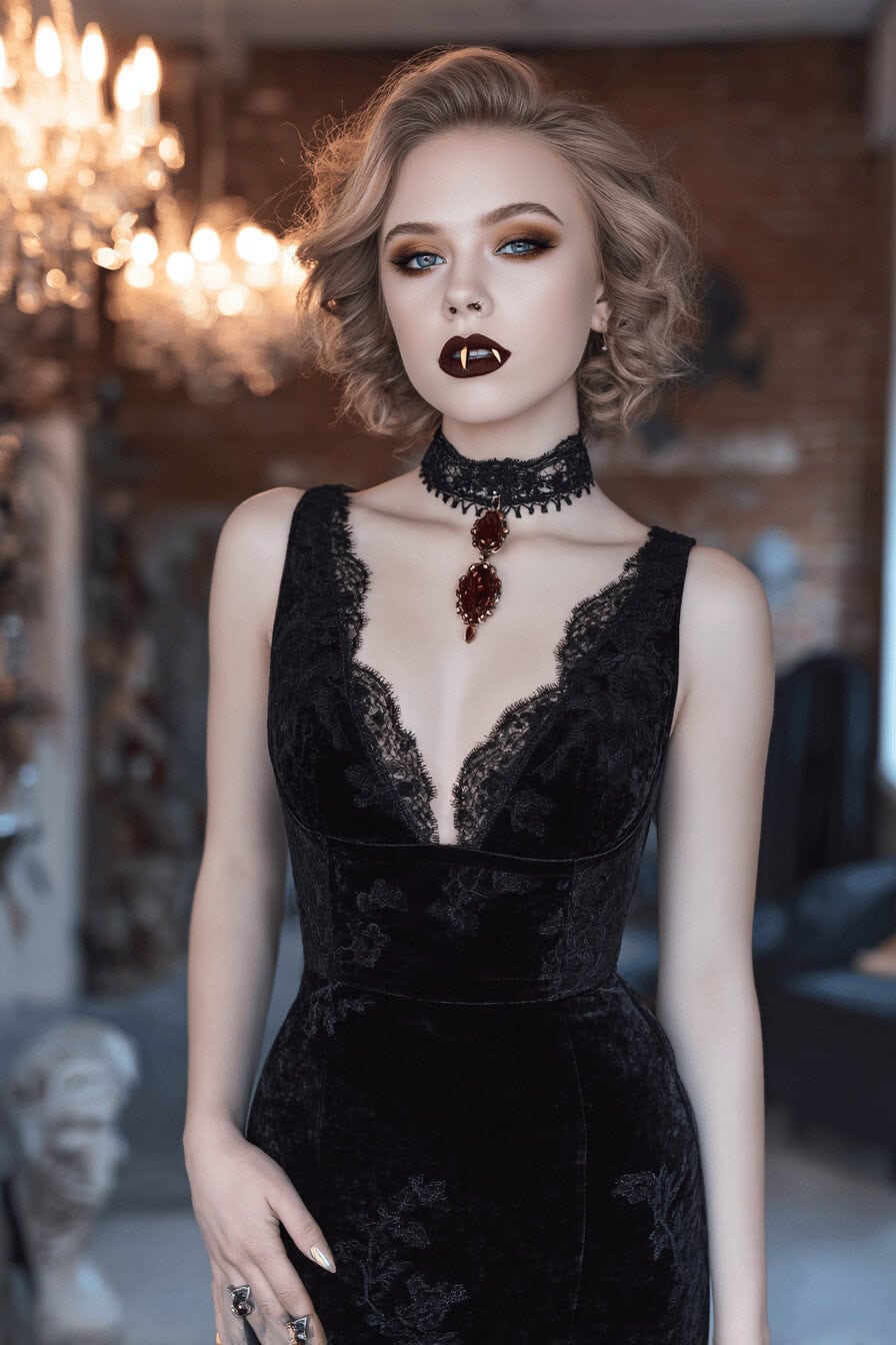 Frau im schwarzen Spitzenkleid mit blutrotem Lippenstift und Vampirzähnen