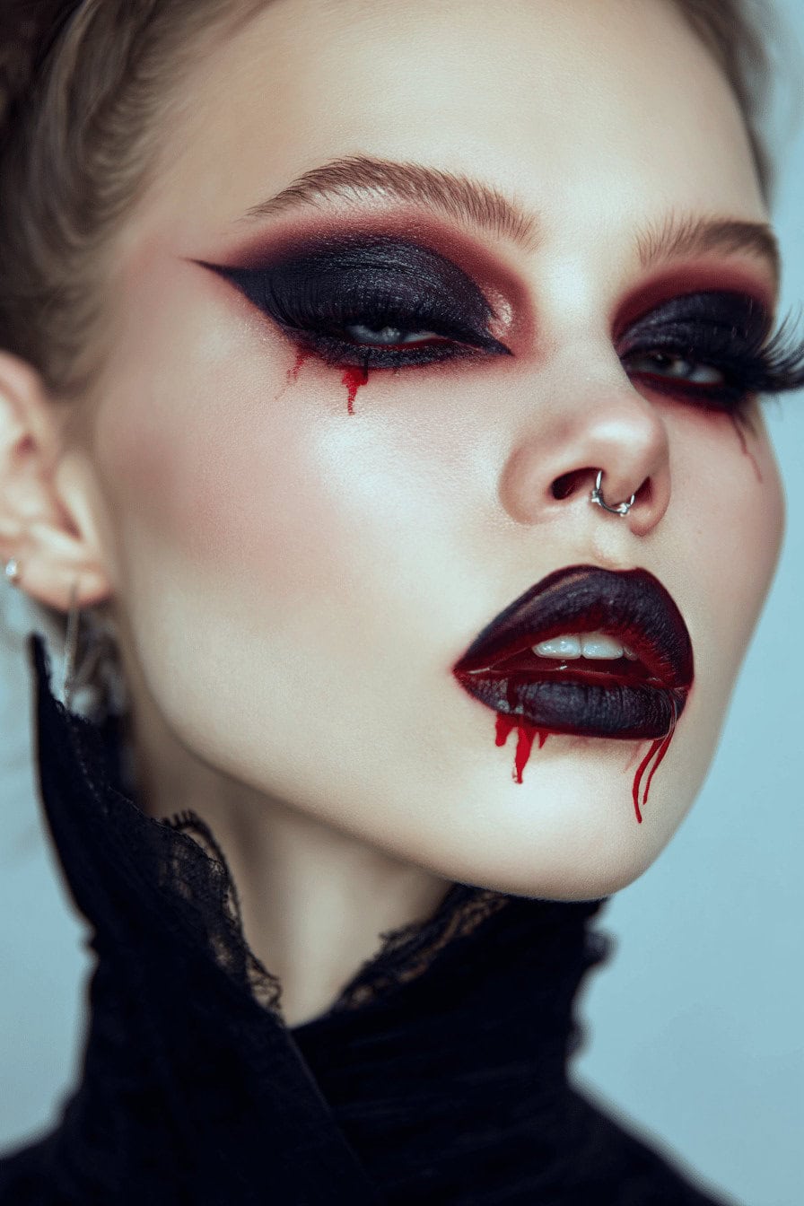 Nahaufnahme eines eleganten Vampir-Make-ups mit blutroten Details und dunklen Lippen.