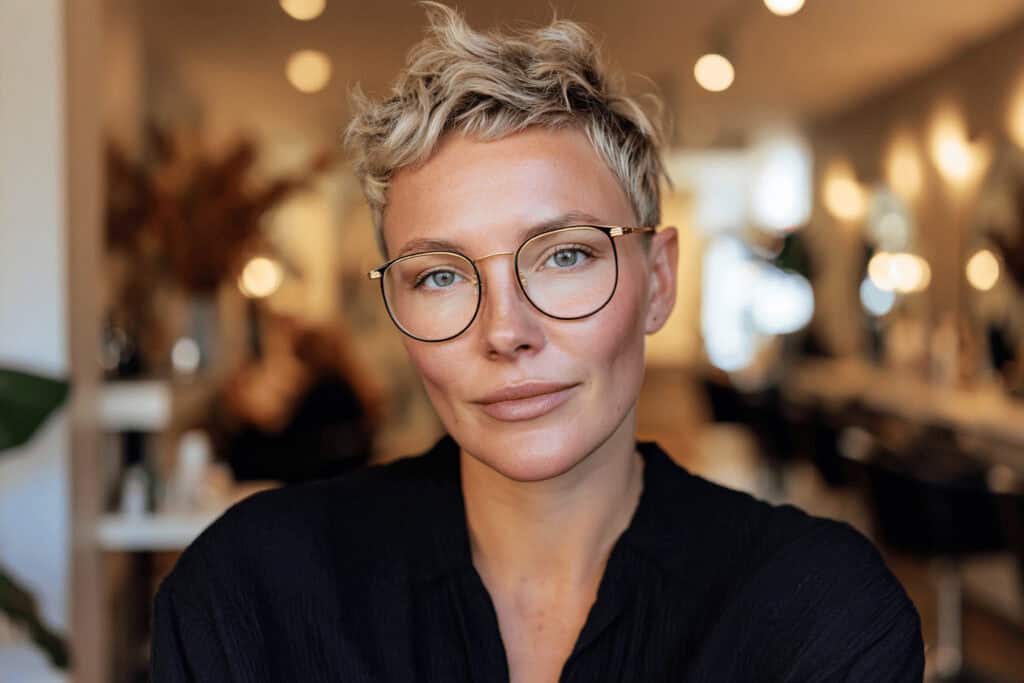 Frau mit kurzem, flippigem Haarschnitt und runder Brille