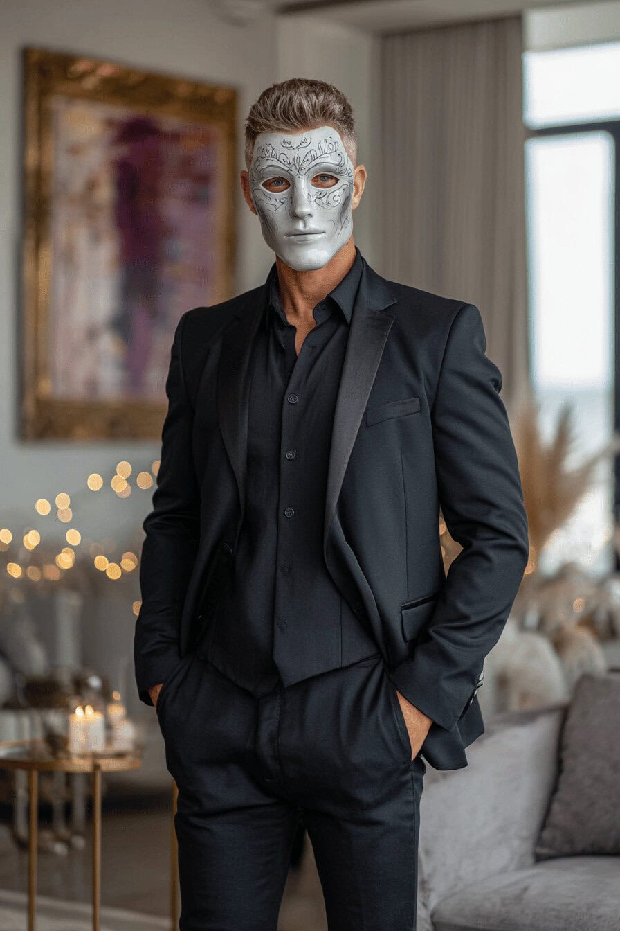 Mann mit silberner Maske und schwarzem Anzug in stilvoller Halloween-Atmosphäre