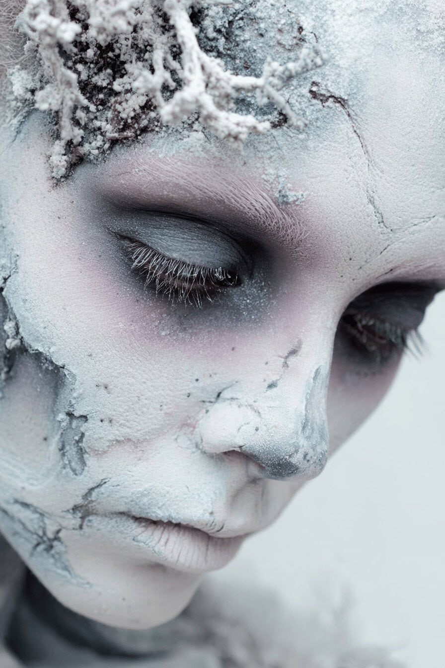 Nahaufnahme eines kunstvoll geschminkten Gesichts mit frostigem Geister-Make-up