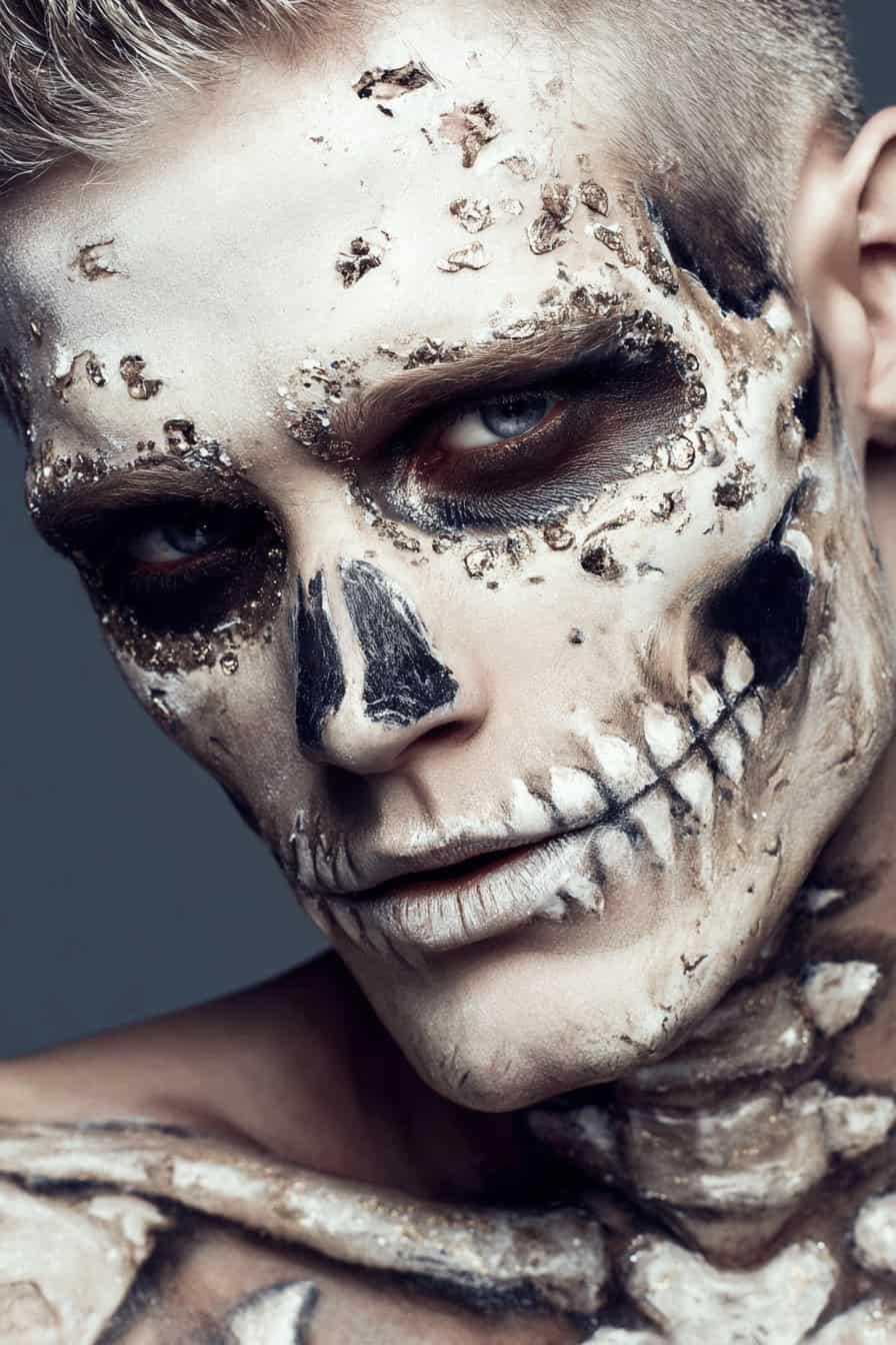 Mann mit detailliertem Totenkopf-Make-up und goldenen Akzenten