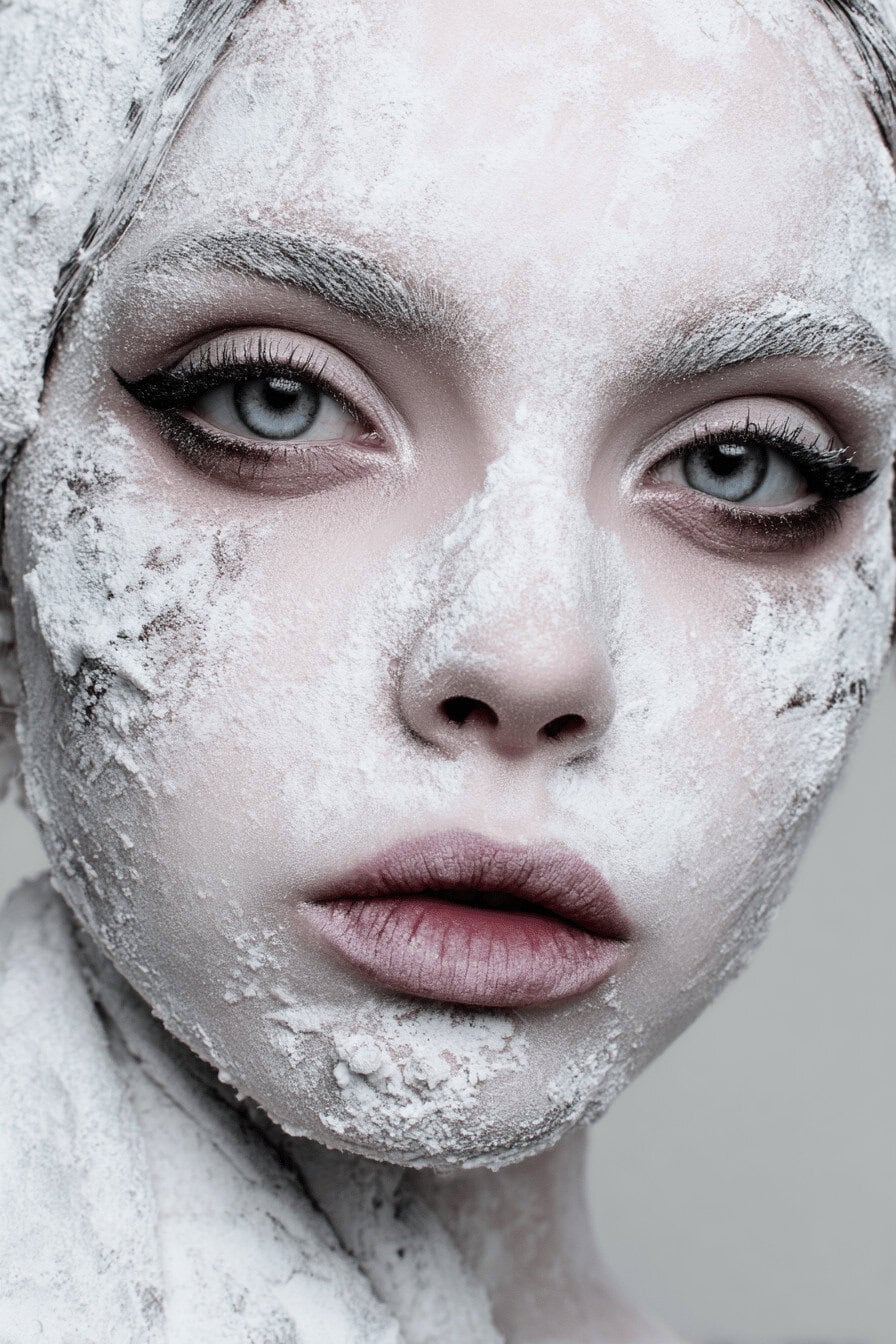 Frau mit weißem Puder im Gesicht für Geister-Make-up