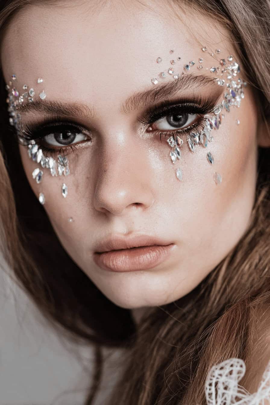 Nahaufnahme eines glamourösen Halloween-Looks mit Strasssteinen unter und über den Augen