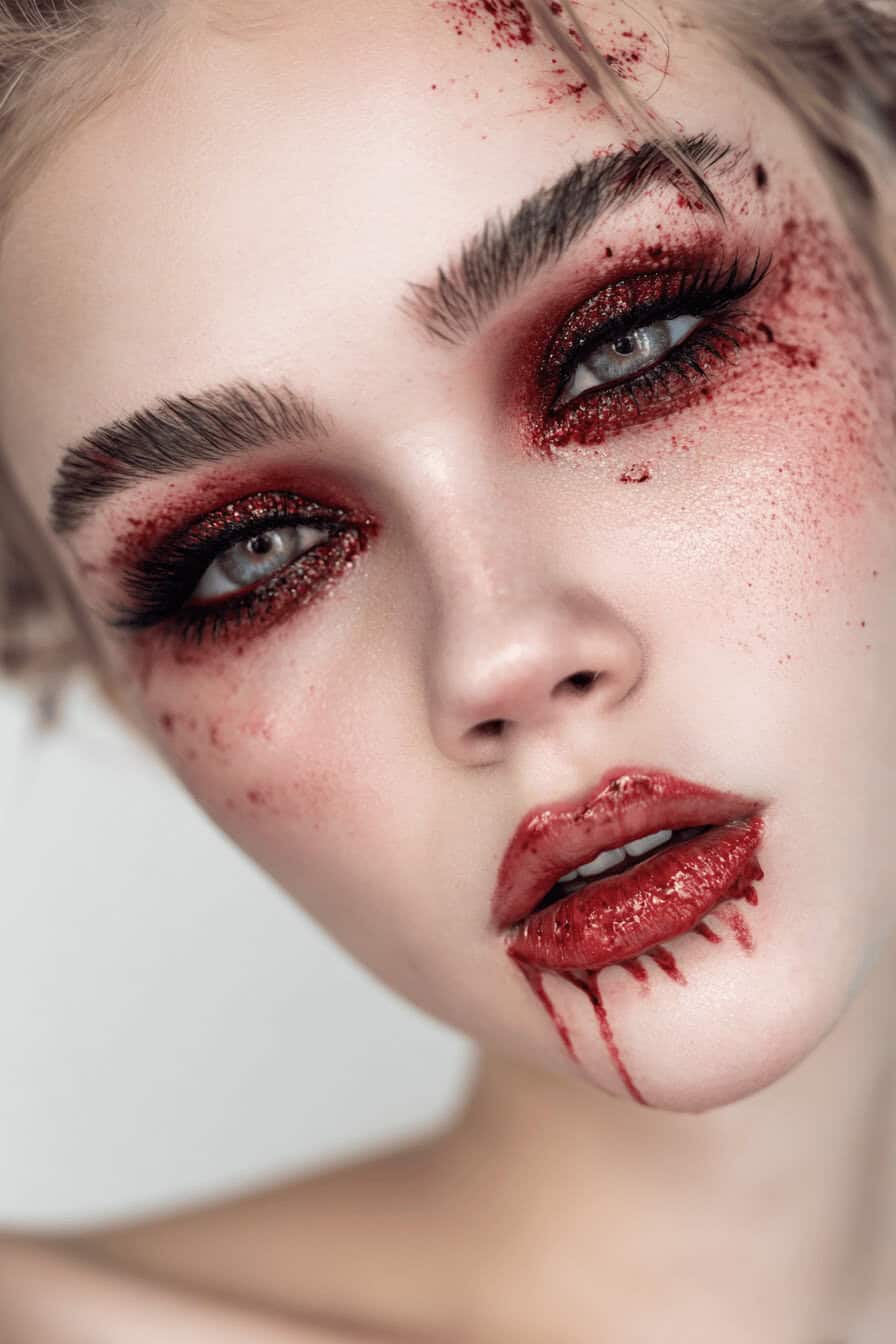 Frau mit glamourösem Vampir-Make-up, blutrote Details um Augen und Lippen