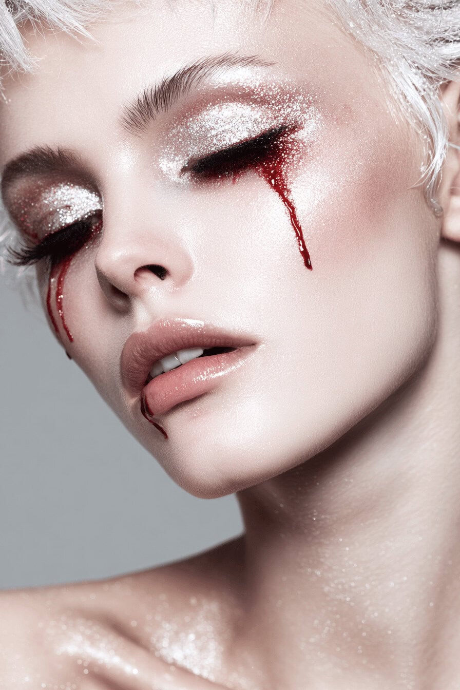 Frau mit silber-glitzerndem Augen-Make-up und künstlichem Blut unter den Augen