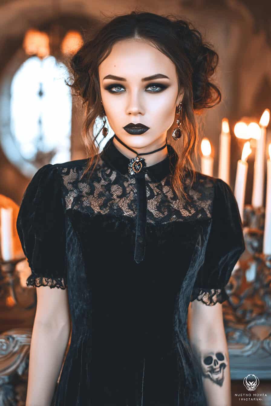 Frau in schwarzem Gothic-Kleid mit Spitzenkragen und dunklem Make-up