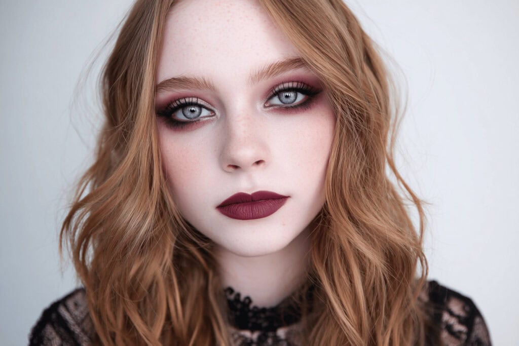 Frau mit dramatischem Gothic Halloween Make up und dunklem Lippenstift