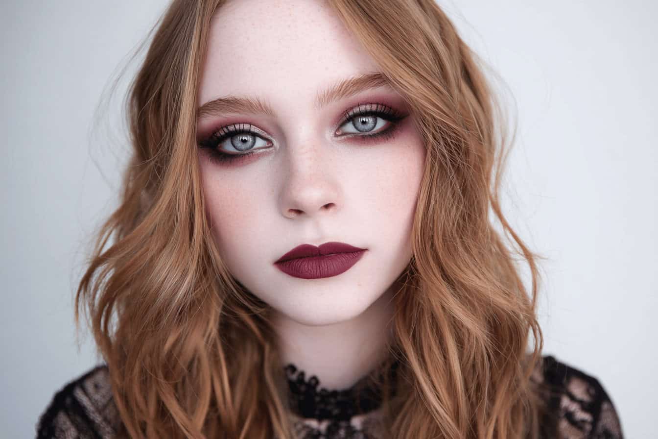 Frau mit dramatischem Gothic Halloween Make up und dunklem Lippenstift