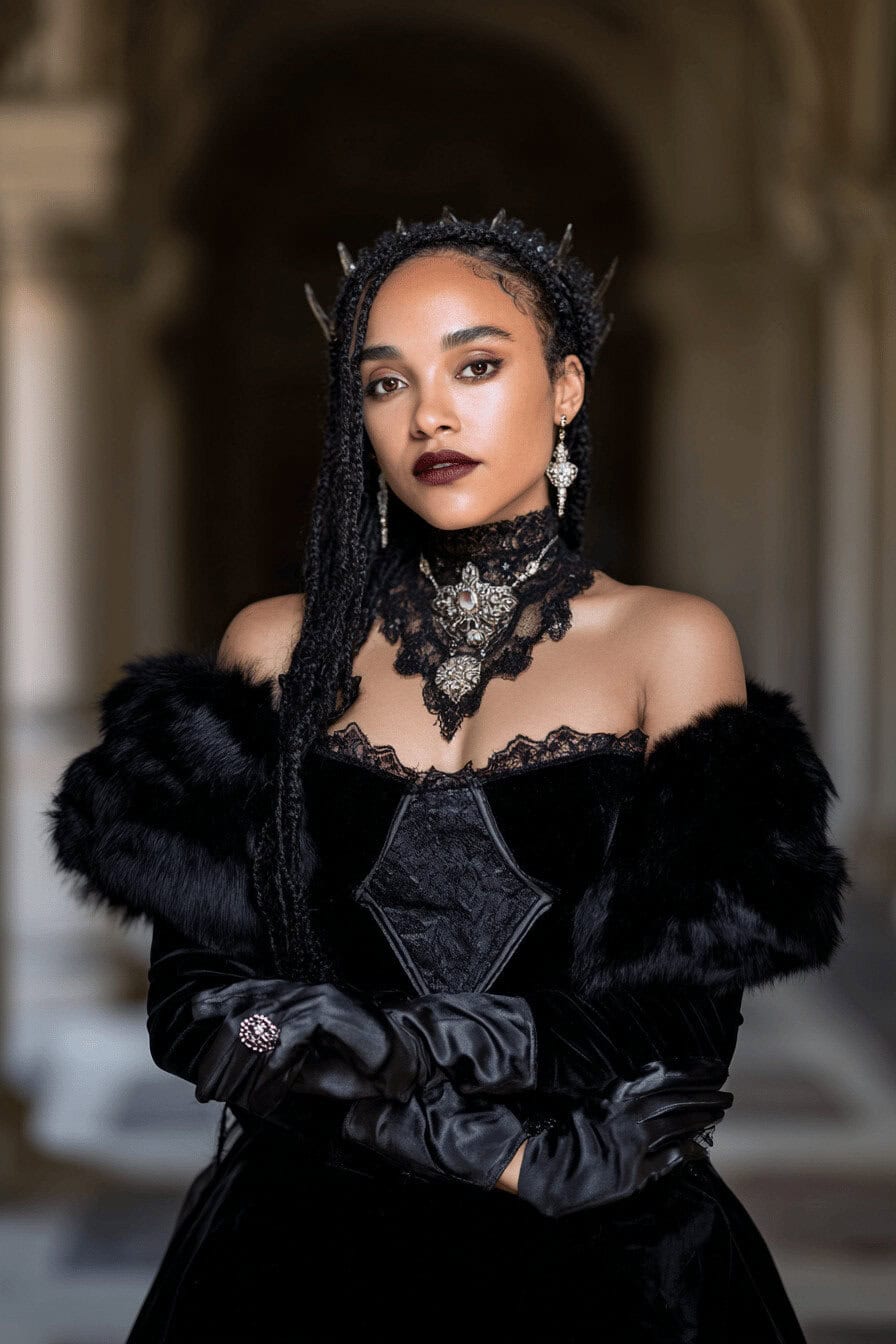 Frau im schwarzen Gothic-Kleid mit Krone und Schmuck in düsterem Setting