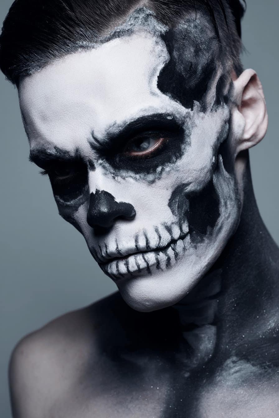Halloween-Make-up eines Mannes mit detailliertem Schädel-Design in Schwarz und Weiß