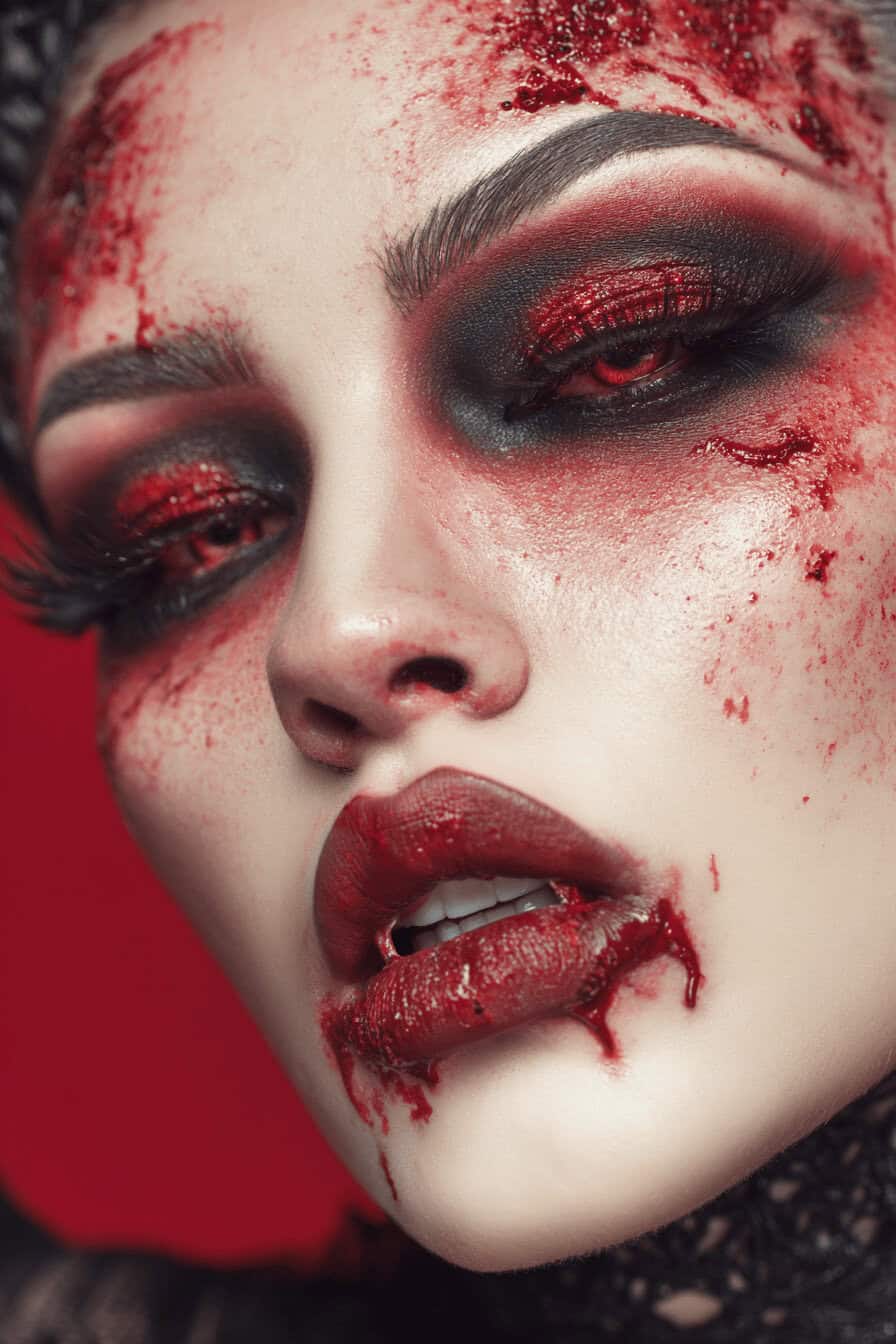 Nahaufnahme eines Halloween-Vampir-Make-ups mit blutrotem Lippenstift und schwarzen Smokey Eyes