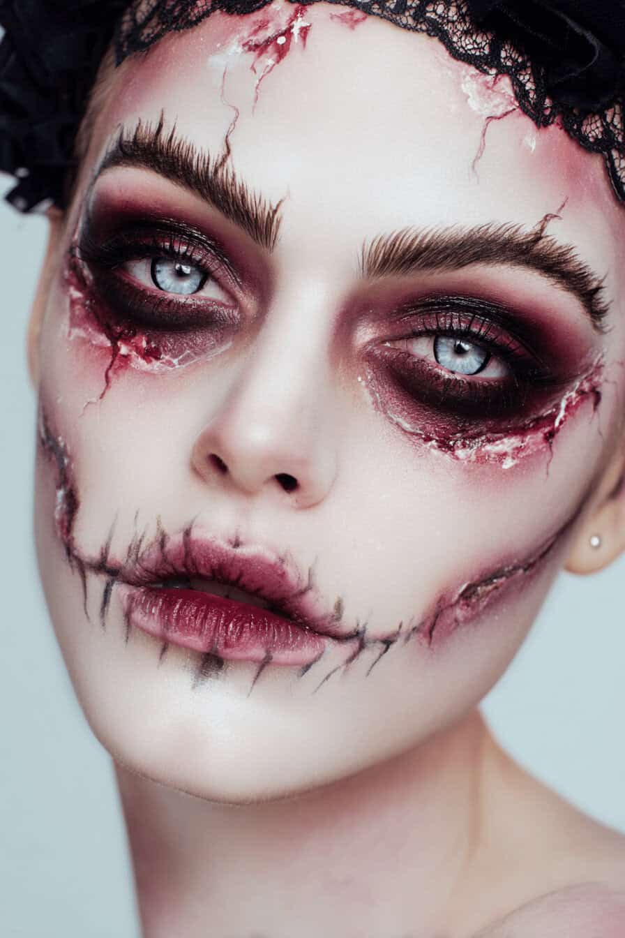 gruseliges Halloween-Gesicht mit zugenähtem Mund und blutigen Wunden