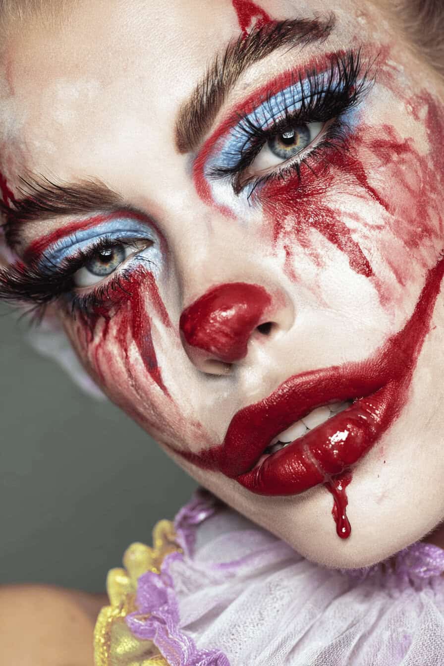 Nahaufnahme eines dramatischen Halloween-Clown-Make-ups mit blutig roten und blauen Akzenten