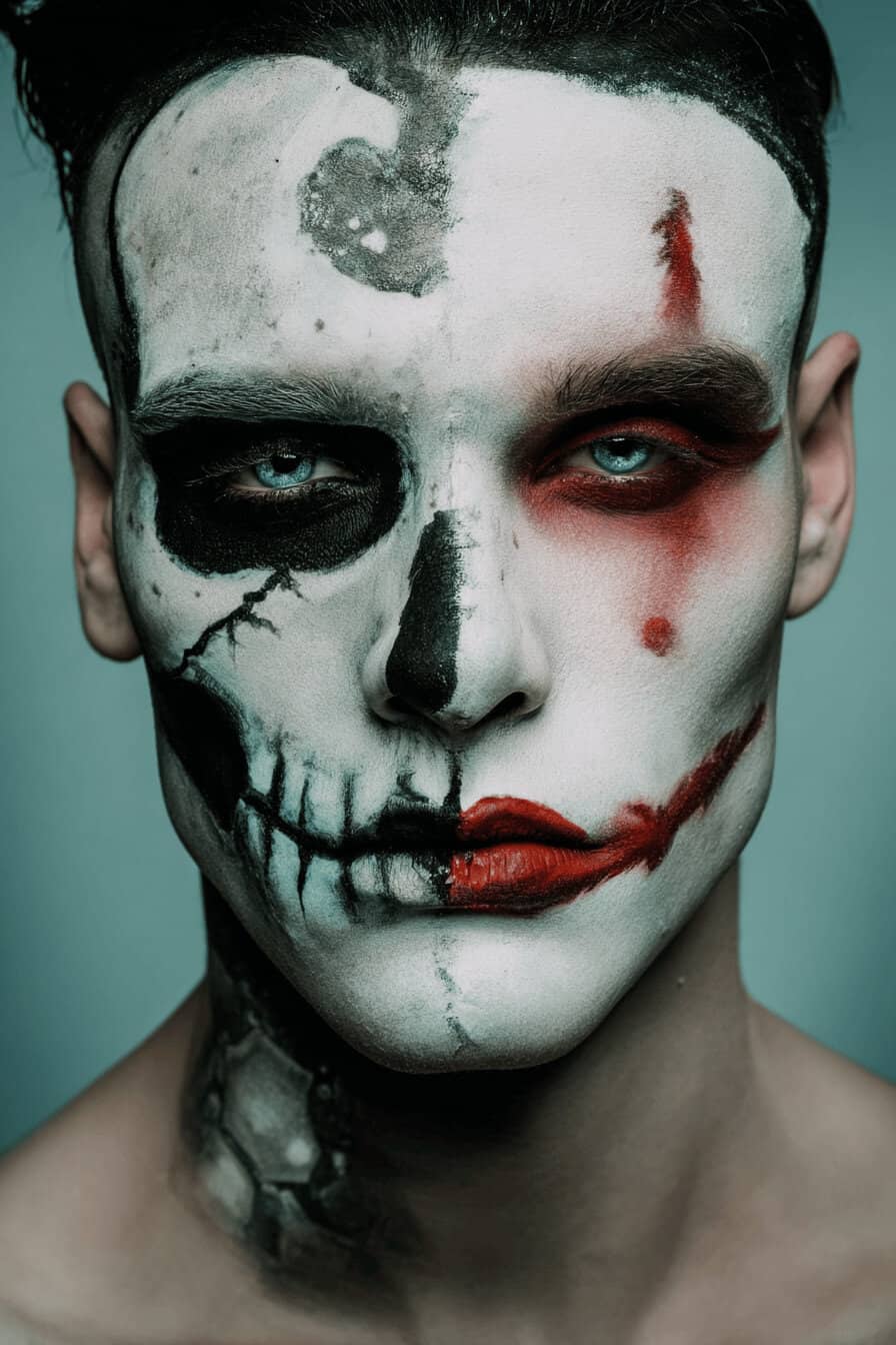 Halloween Make-up mit halbem Totenkopf und halbem Clownsgesicht