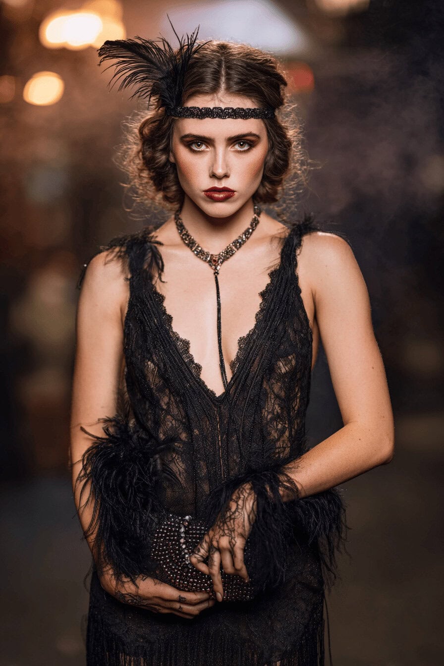 Frau im gruseligen 1920er-Flapper-Kleid mit dunklem Make-up und Feder-Accessoires