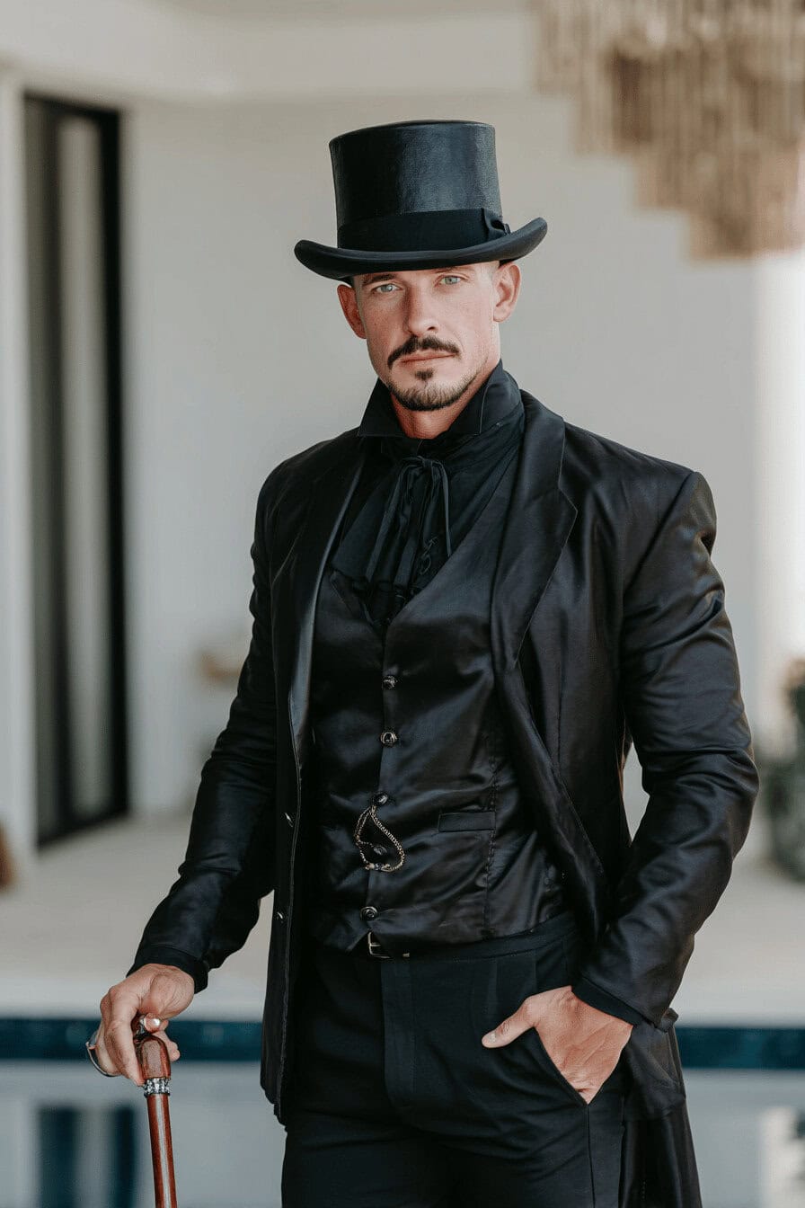 Mann in schwarzem viktorianischem Outfit mit Zylinder und Gehstock