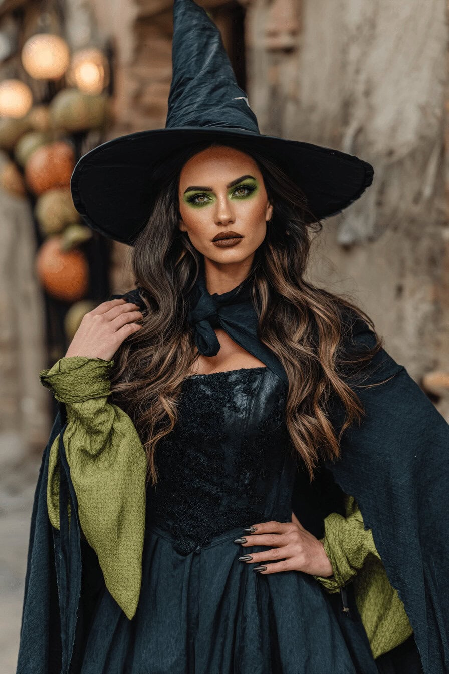Frau im gruseligen Elphaba-Hexenkostüm mit grünem Make-up und spitzem Hexenhut