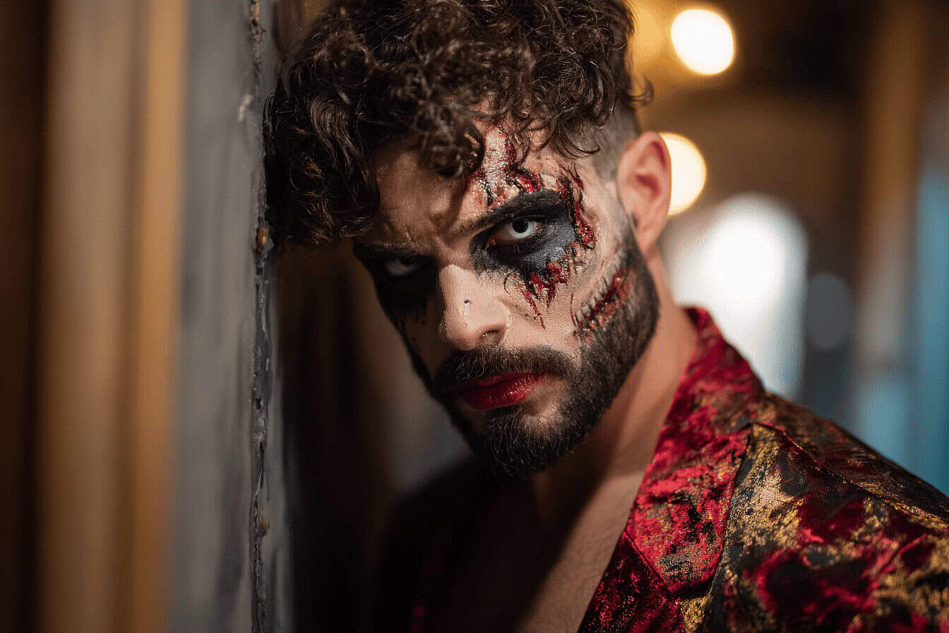 Mann in Halloween Kostüm mit blutigem Clown-Make-up