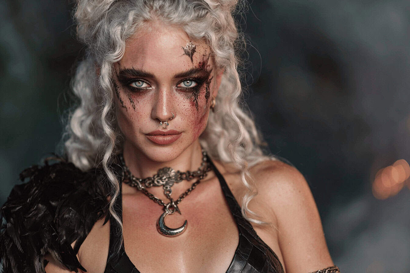 Frau mit gruseligem Halloween Make-up und weißem Lockenhaar